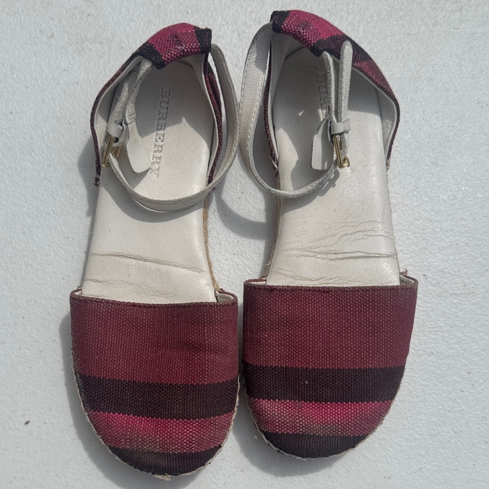 Burberry Burgundy and Black Striped Ankle-Strap Sandals